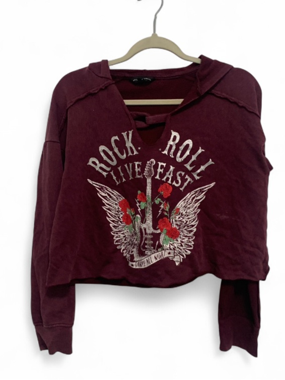 Rock & Republic Rock and Roll Burgundy Cropped Graphic Hoodie